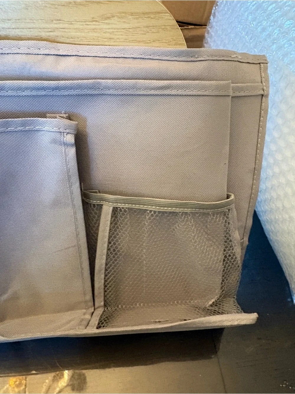 Bed Storage Organizer in Light Gray - Multi-Pocket Bedside Caddy